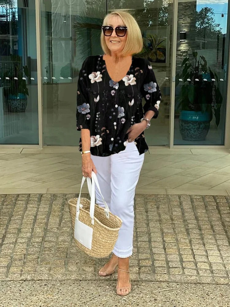 Teresa - Virágmintás Elegáns Blúz Gombokkal