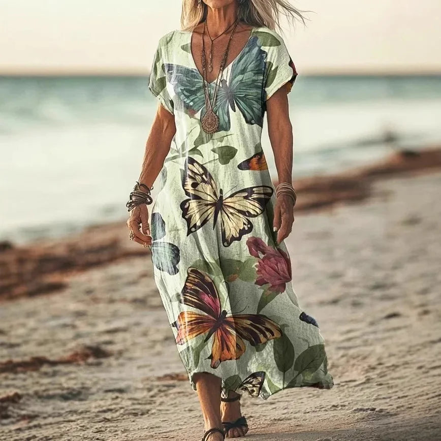 Isola - Hosszú Ruha Természetes Mintákkal és Légi Vágással