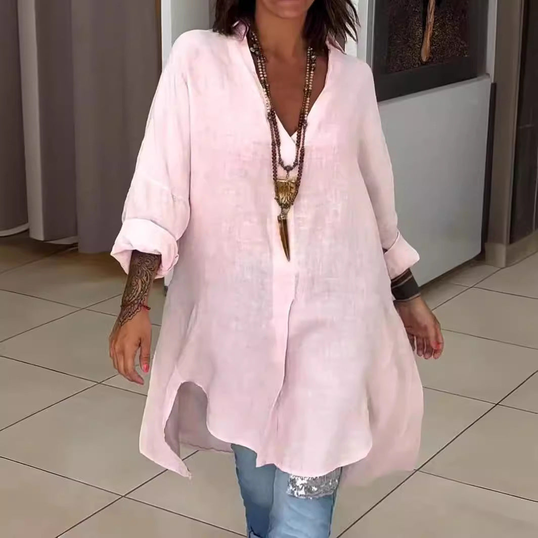 Melis - Nyári Póló Pamutból és Vászonból V-kivágással